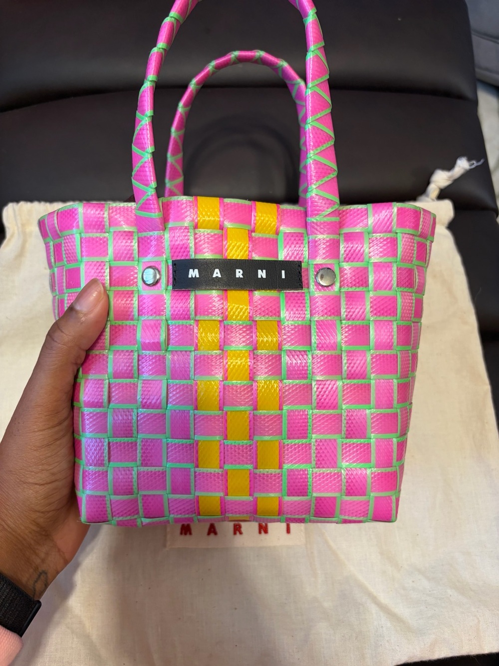 Marni Pink Yellow Green Woven Mini Tote